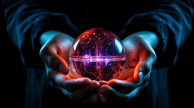 glowing round object Crystal in hand. Mysterious, creative, abstract