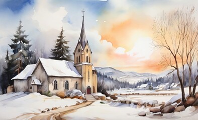 Fototapeta na wymiar Leonardo Diffusion XL Winter landscape with church painting an