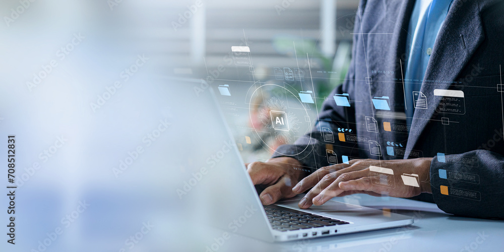 Fototapete businesspeople employ artificial intelligence (ai) in document management systems, online documentat