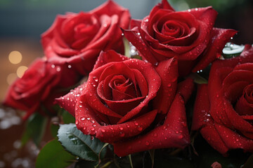 Lush Red Roses with Dew Drops - Elegant Symbol of Romantic Love and Affection