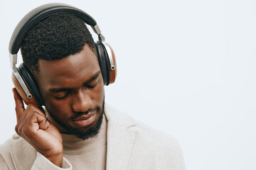 man portrait music headphones african black fashion handsome american background white dj guy