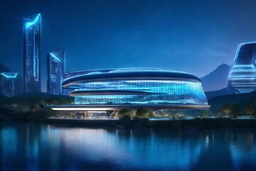 A futuristic river hotel design with sleek lines and glass fa? section ade, reflecting the beauty of the surrounding natural landscape. - obrazy, fototapety, plakaty
