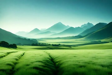 A serene valley covered in a blanket of soft, green grass, with the distant mountains shrouded in a gentle mist under a clear blue sky. - obrazy, fototapety, plakaty