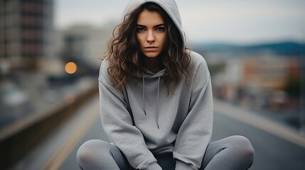 Young woman in grey hoodie squatting on city street, - obrazy, fototapety, plakaty
