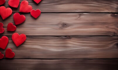 Red Hearts on Top Corner of a wooden background. Banner Wallpaper for Valentine's Day or Anniversary