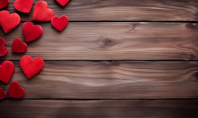 Fototapeta premium Red Hearts on Top Corner of a wooden background. Banner Wallpaper for Valentine's Day or Anniversary