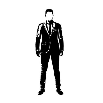 recommend clip art: Businessman in suit standing, front view, isolated vector silhouette. Business person