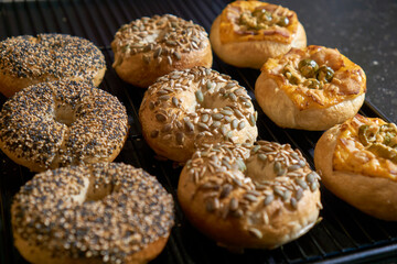 Many bagels in the bakery