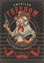 American Woman cowboy colorful poster