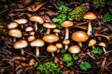 A cluster of mushrooms emerging from the forest floor, displaying a variety of shapes and colors.