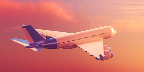 Naklejka na ściany i meble Big airplane flying in the sunset sky, travel and tourism concept
