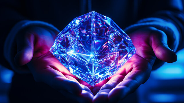 Glowing diamond-like object Crystal floats in hand. Mysterious, creative, abstract - Powered by Adobe