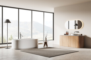 Modern open space bathroom interior with bathtub, sink and panoramic window