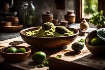 A well-lit kitchen with natural light illuminating a bowl of ripe avocados, waiting to be turned into guacamole. - obrazy, fototapety, plakaty