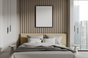 Fototapeta na wymiar Cozy hotel bedroom interior with bed and panoramic window. Mockup frame