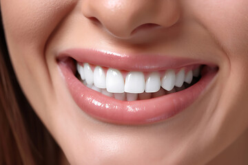 close-up of a woman's smile with white teeth after a whitening procedure