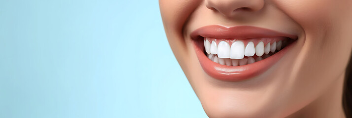 close-up of a woman's smile with white teeth after a whitening procedure isolated on light blue background