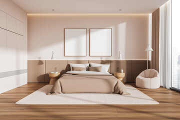 Fototapeta na wymiar Stylish home bedroom interior with bed and panoramic window. Mockup frames