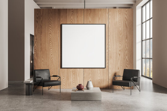 Modern home living room interior armchairs and coffee table, mockup frame