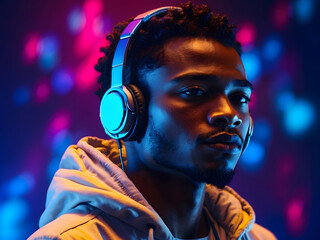 Neon portrait of a young African man listening to music with headphones. purple neon background