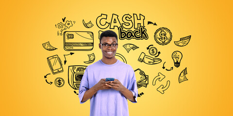 African man with phone in hand smiling, cashback sketch with different icons
