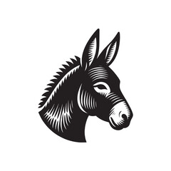 Donkey head.  Engraving vintage vector illustration, monochrome black color.  logo, icon. Woodcut	