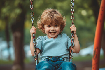 portrait of a happy child wearing in a t-shirt and jeans riding on a swing on the background of a park on a summer day