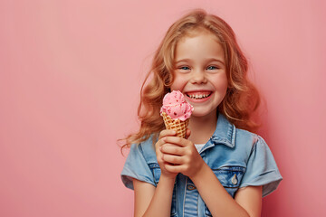 Naklejka premium portrait of a happy young girl wearing jeans dress with ice cream in a waffle cone in his hands is isolated on a light pink background