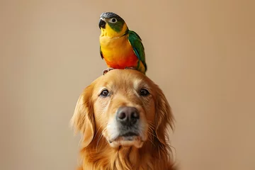 Foto auf Glas portrait of a little parrot sitting on the head of a dog isolated on a beige background © Marina Shvedak