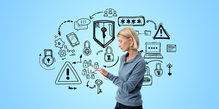 Woman with tablet and cybersecurity sketch