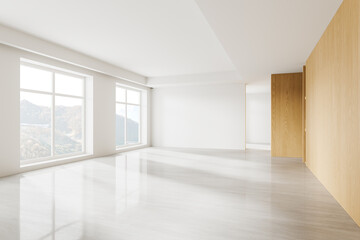 Stylish empty home living room interior with panoramic window