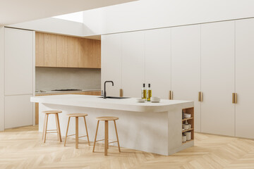 White and wooden kitchen corner with island