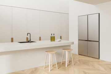 Modern home kitchen interior with bar island and cabinet with refrigerator