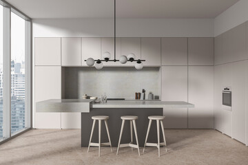 Cozy home kitchen interior with bar island and cabinet, panoramic window