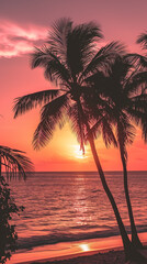 Fototapeta na wymiar Tropical beach sunset, orange and pink sky, silhouette of palm trees, vacation vibe phone wallpaper, aesthetic background for Instagram stories and reels