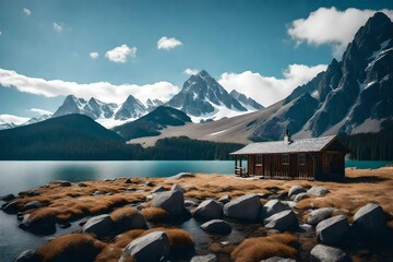 A cabin by a crystal-clear mountain lake, with snow-capped peaks in the background. - obrazy, fototapety, plakaty