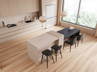 Top view of kitchen interior with bar island and dining table, panoramic window