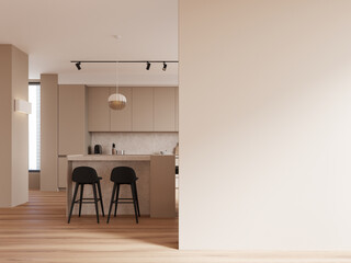 Cozy home kitchen interior with bar island and panoramic window. Mock up wall