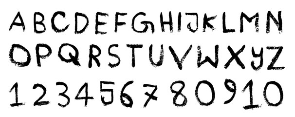 ink Vector Black paintbrush strokes Hand drawn capital letter alphabet font and number design. Grunge Dirty textured vector font A to Z. Typography Hand drawn characters with a rough inked texture.