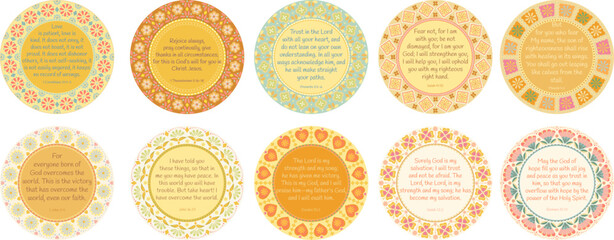 Set of various bible verses in English decorated with folk round frame. Isolated vector elements. Use for holidays,events,decorations;printables,wall art decor