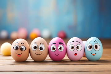 Five colorfully painted Easter eggs with different emotions, cute faces drawn on them on a blurred background