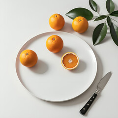 plate with oranges on the table minimalism in white colors