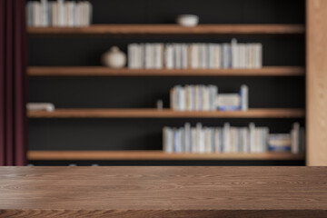 Empty wooden table and blurred shelf with books, mockup product display