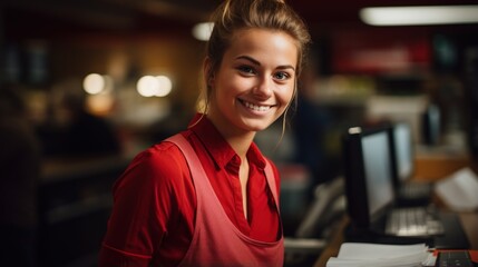 Fototapeta premium Portrait of a young supermarket cashier
