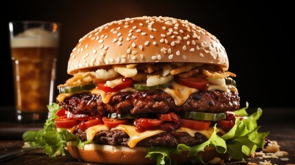 yummy beef burger with pickles tomatoes and lettuce - obrazy, fototapety, plakaty