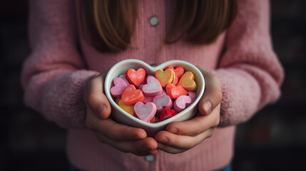 Little girl's hands holding a heart shape for Valentine's Day