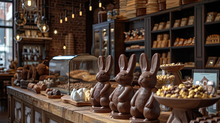 Rustic Chocolate Shop Display with Artisanal Easter Bunnies and Gourmet Confections