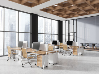 Modern office interior with workspace and conference room, panoramic window
