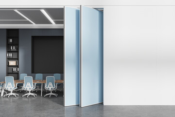 Modern meeting room interior with furniture and sliding doors. Mock up wall