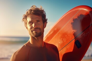 Portrait of beautiful man holding sup board. Stand up paddle boarding outdoor active recreation
